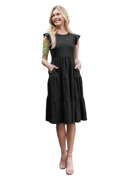 Swiss Dot Ruffle Cap Sleeve Tiered Dress Black - Pack of 6 Tunics Seasonal trendy
