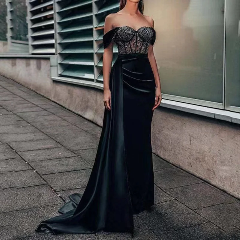 Sexy Backless Evening Party Dress for Women Black Lace Chest Wrapping Off the Shoulder Split Mermaid Prom Gown Maxi Dresses Tunics Vintage classic