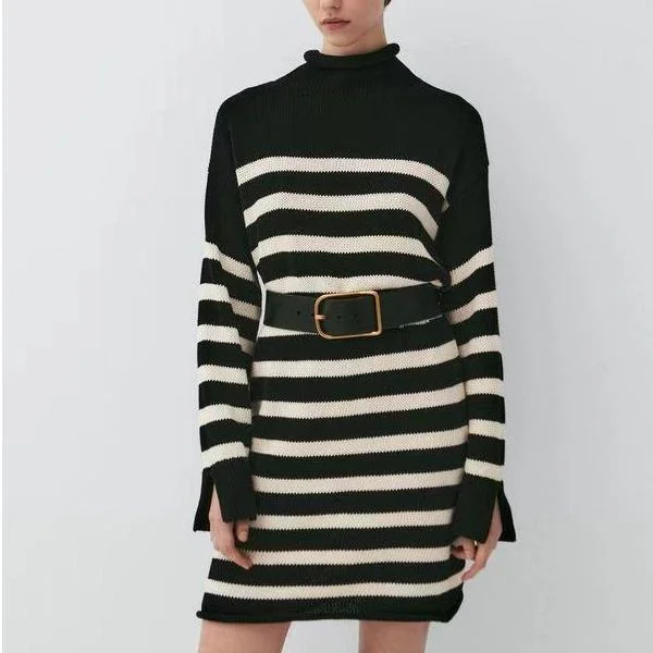 Autumn Slim-Fit Striped Turtleneck Knit Dress Tunics Cozy comfortable
