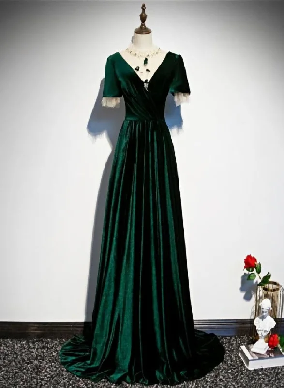 Dark Green Velvet Short Sleeves A-line Bridesmaid Dresses, A-line Wedding Party Dress Prom Dress Tunics Handmade artisanal Dark Green Velvet Short Sleeves A-line Bridesmaid Dresses, A-line Wedding Party Dress Prom Dress Tunics Handmade artisanal