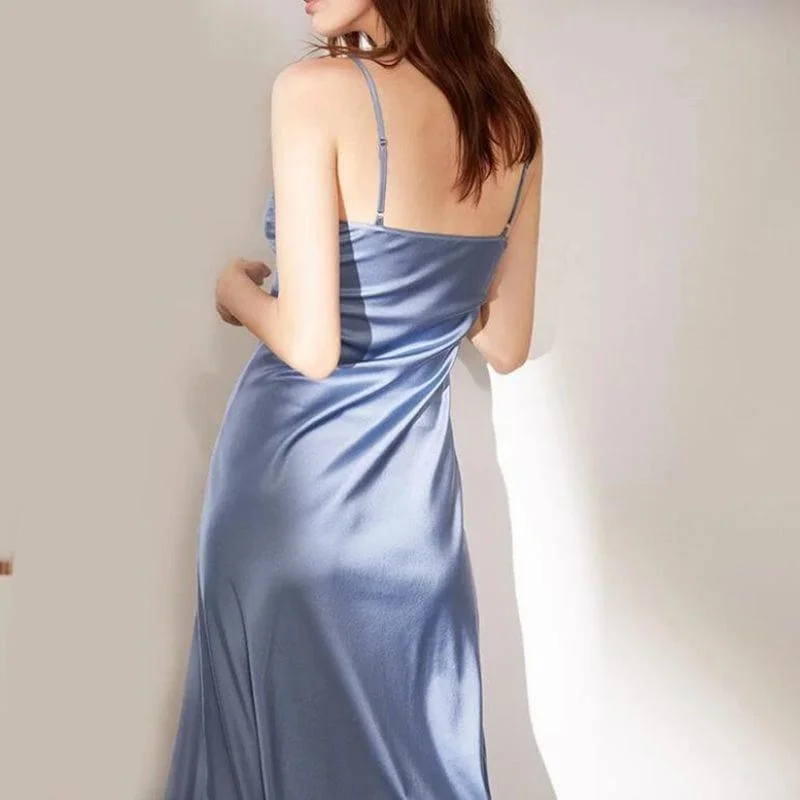 Summer Strap Satin Maxi Long Party Dress Tunics Fleece cozy