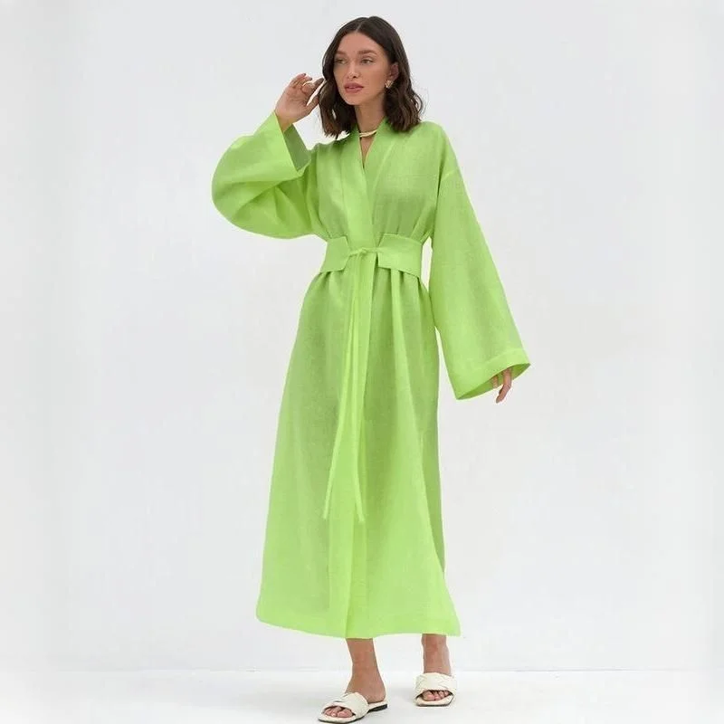 Elegant Cotton Linen Long Dress with Belt Tunics Handmade artisanal
