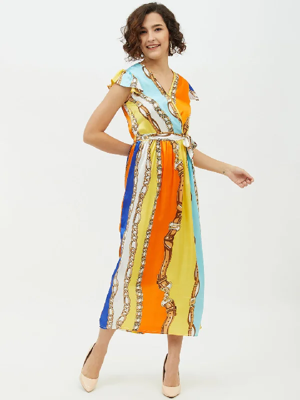 Women's Satin Chain Print Long Dress - StyleStone Tunics Versatile functional