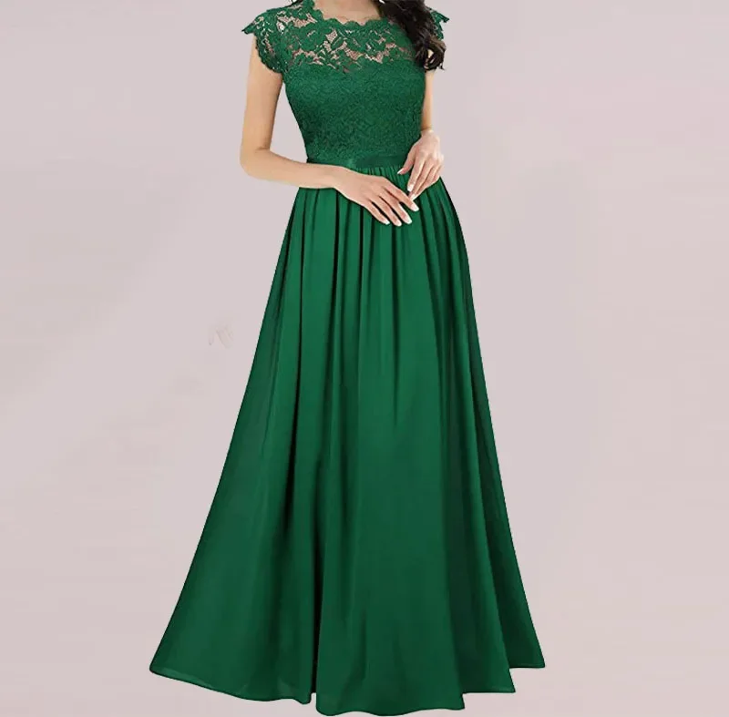 Summer Chiffon Temperament Women Elegant Maxi Solid Color Lace Stitching Party Dress Pencil Length Work Summer Chiffon Temperament Women Elegant Maxi Solid Color Lace Stitching Party Dress Pencil Length Work