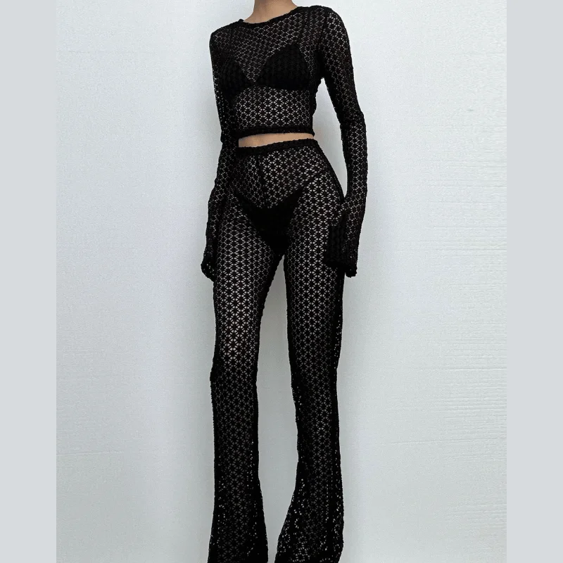 Long flared sleeve hollow out see through crop pant set Modern Bootcut Pants