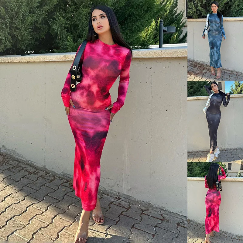 Fashion Tie-dye Long-sleeved Dress Slim Fit Hip-hugging Long Dress Womens Clothing Crew Neckline Casual Fashion Tie-dye Long-sleeved Dress Slim Fit Hip-hugging Long Dress Womens Clothing Crew Neckline Casual