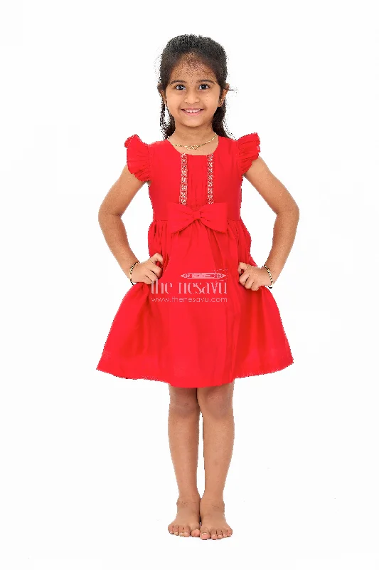 Charming Red Girls Georgette Dress with Elegant Bow and Pleated Sleeves Tunics Business professional Charming Red Girls Georgette Dress with Elegant Bow and Pleated Sleeves Tunics Business professional