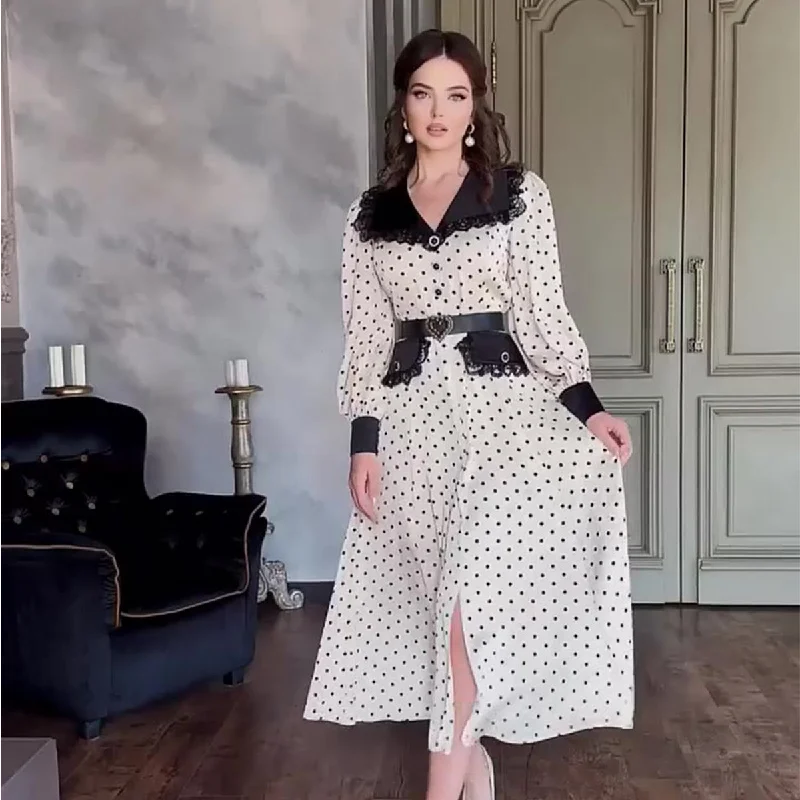 Lace Doll Collar Polka Dot Print Dress Tunics Evening elegant