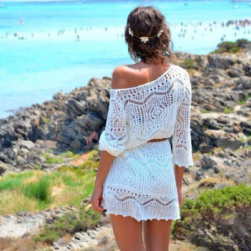 JECKSION Sexy Beach Hollow Out White Lace Party Dresses With Belt Tunics Lace romantic JECKSION Sexy Beach Hollow Out White Lace Party Dresses With Belt Tunics Lace romantic