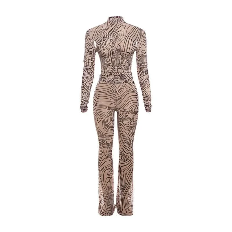 Long sleeve high neck ripple ruched pant set Elegant Wool Trousers