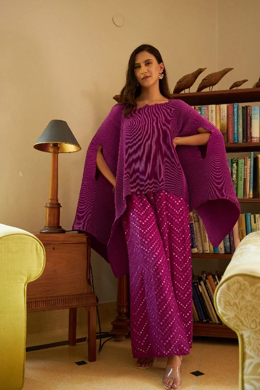Divine Cape with Mirror Work Flared Pants - Hibiscus Cozy Fitted Pants