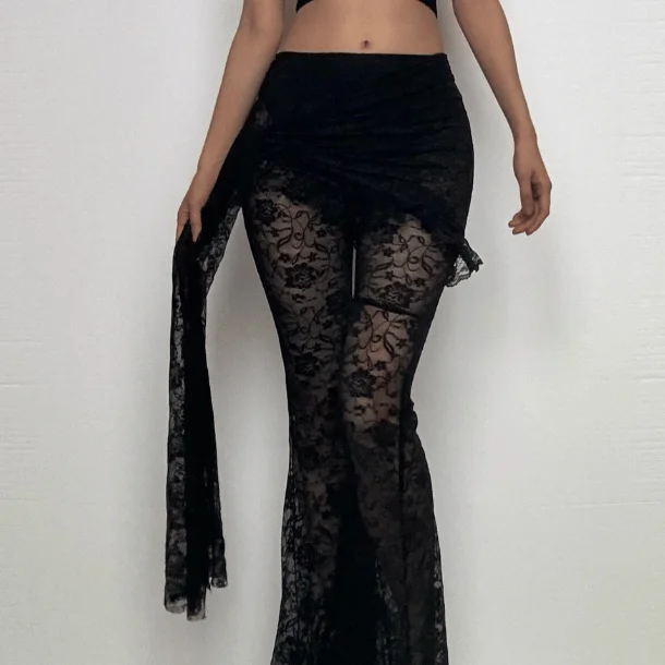 Ruffle ruched lace irregular solid pant Relaxed Linen Pants