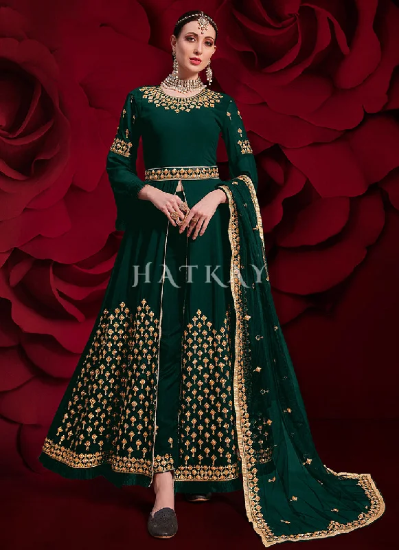 Green Golden Embroidered Slit Style Anarkali Pant Suit Formal Slim Pants
