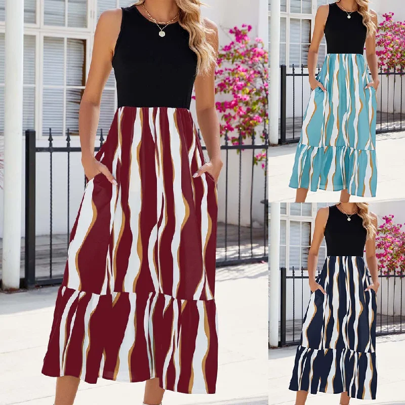 Round Neck Sleeveless Long Dress Summer Fashion Striped Print Dresses Womens Clothing Square Neckline Feminine Round Neck Sleeveless Long Dress Summer Fashion Striped Print Dresses Womens Clothing Square Neckline Feminine