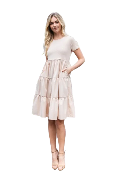 Short Sleeve Solid Tiered Dress Oatmeal - Pack of 6 Tunics Summer linen