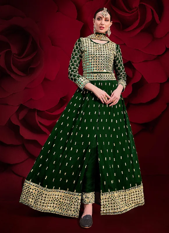 Green Golden Mirror Work Slit Style Anarkali Pant Suit Stylish Paperbag Waist Pants