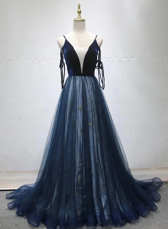 Blue A-line Straps Tulle Long Evening Dress Party Dress, Blue Bridesmaid Dress Square Neckline Feminine Blue A-line Straps Tulle Long Evening Dress Party Dress, Blue Bridesmaid Dress Square Neckline Feminine