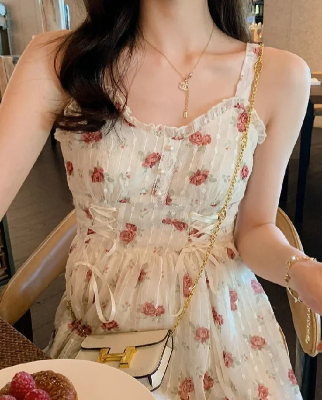 Floral Elegant Slip Dress Women Belt Designer Korean Fashion Party Dress Female Casual Vintage Chic Summer One-piece Dress Tunics Review highly