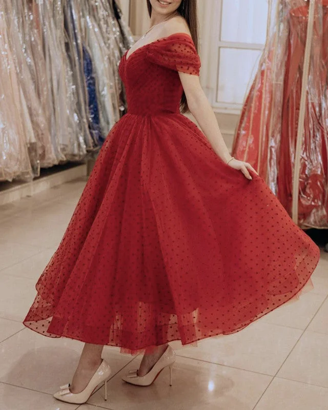 Elegant Tulle Off The Shoulder Midi Prom Party Dresses Boat Neckline Classic