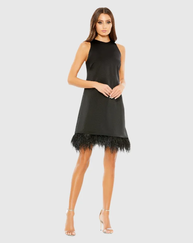 Black Feathered Hem High Neck Sleeveless A Line Dress Tunics Brand named