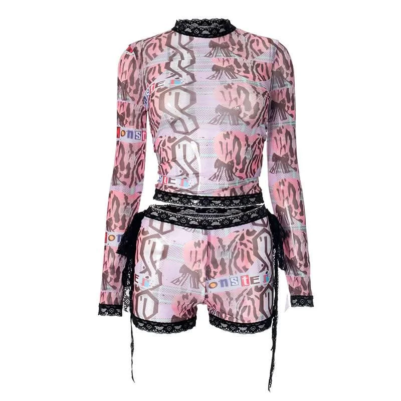 Long sleeve lace hem abstract print self tie short pant set Comfortable Wide-Leg Pants
