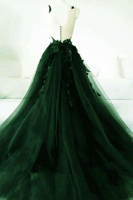 Green A-Line Tulle With Lace Low Back Prom Dress, Green Tulle Evening Dress Party Dress Glittery Long Formal Green A-Line Tulle With Lace Low Back Prom Dress, Green Tulle Evening Dress Party Dress Glittery Long Formal