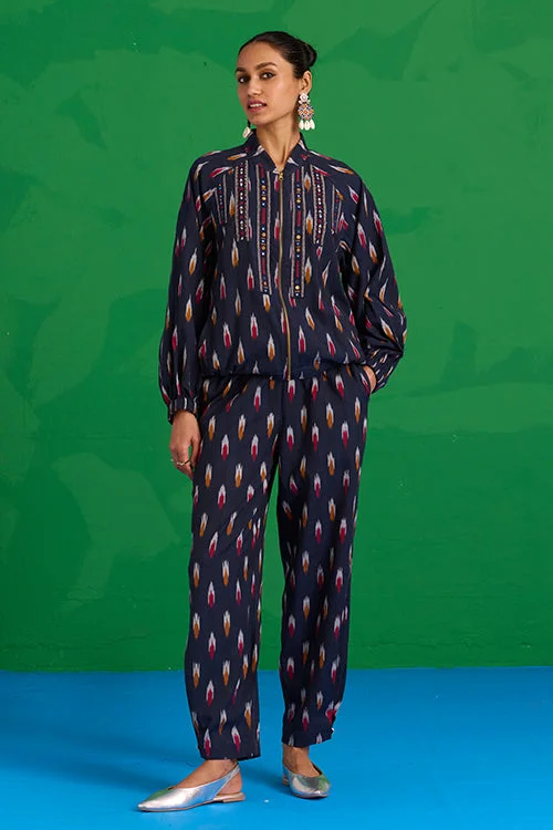 Okhai "Mahanadi" Navy Blue Ikkat Pure Cotton Pants Casual Drawstring Pants