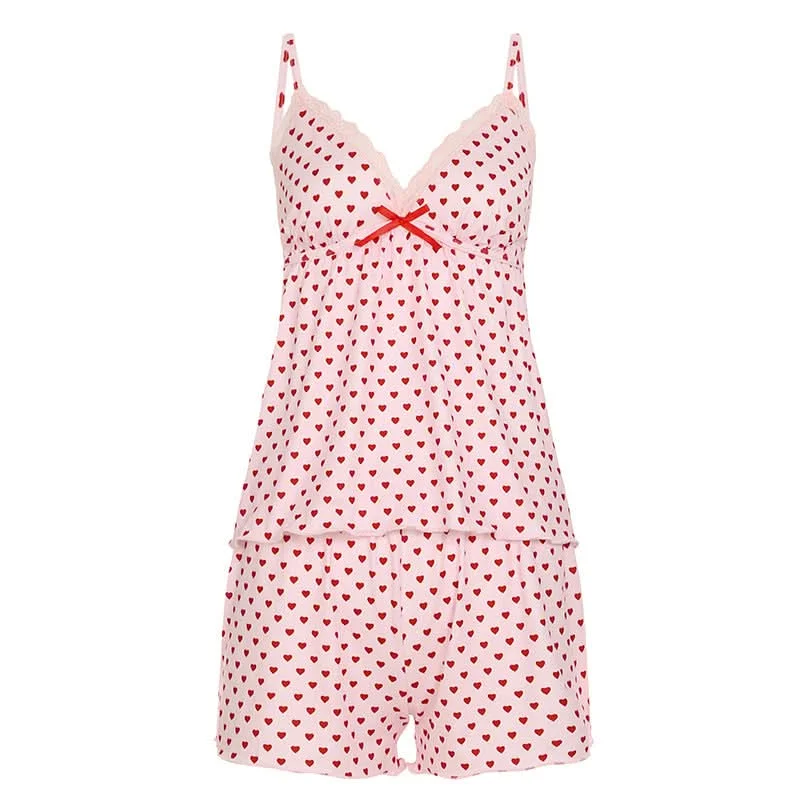 Bowknot lace hem v neck heart print cami pant set Fashionable Tapered Leg Pants