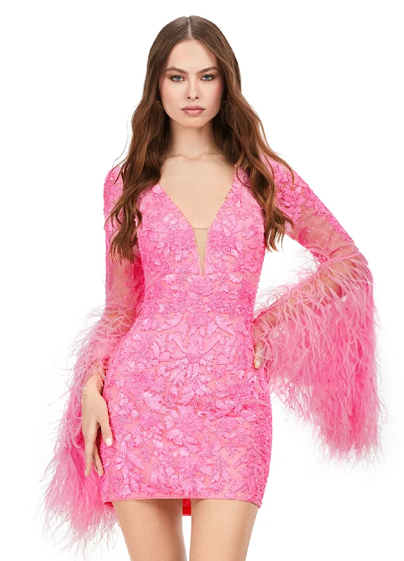 Ashley Lauren 4603 Short Beaded Sequin Long Feather Bell Sleeve Formal Dress Cocktail Gown Pageant Tunics Spring floral