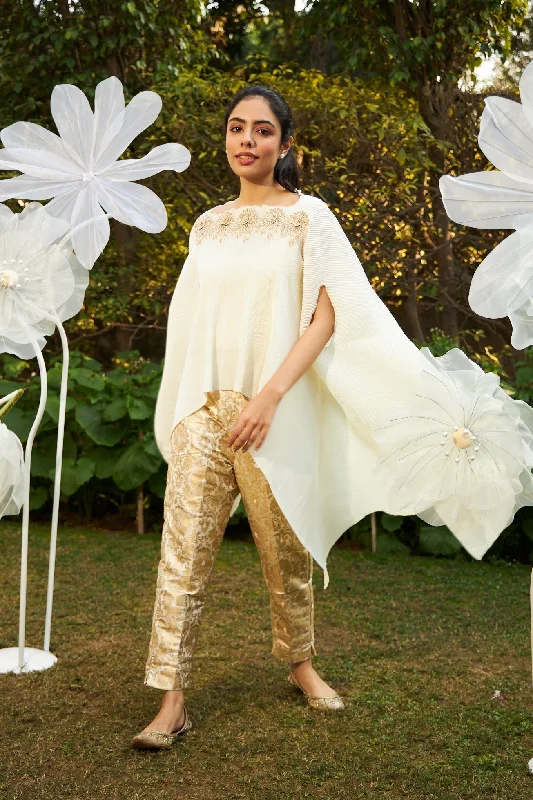 Divine Embroidered Cape with Brocade Pants - White Casual Skinny Fit Pants