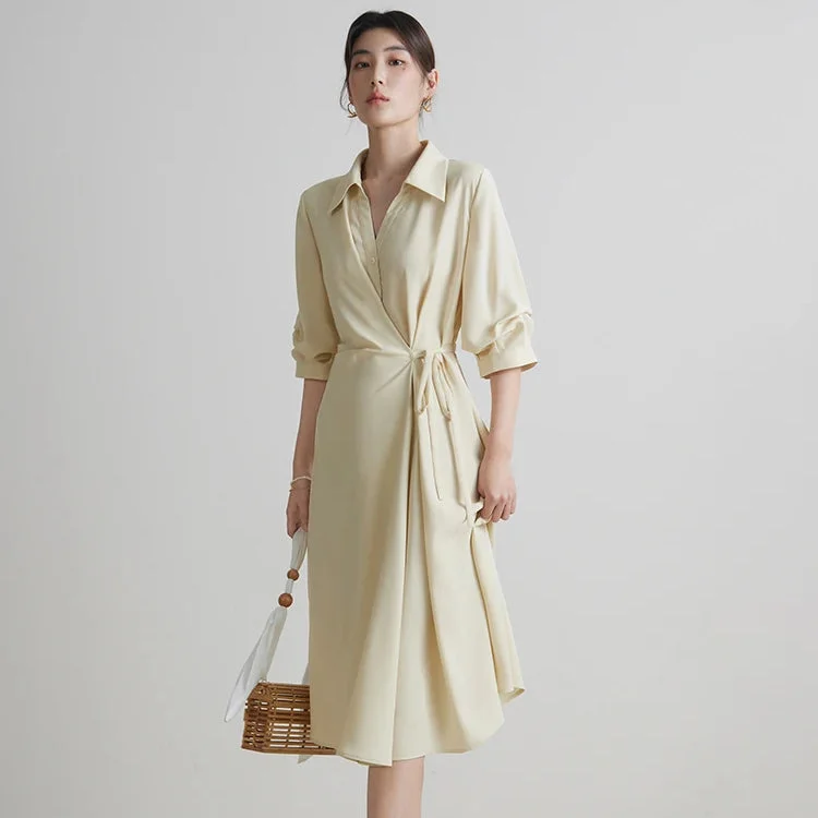 Elegant Women’s Drape Dress with Turn-down Collar Tunic Top Casual