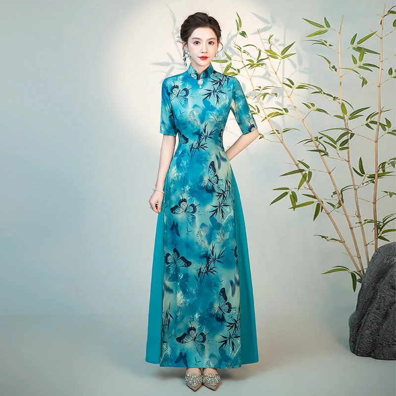 Half Sleeves Cheongsam Top Vietnamese Ao Dai Dress Floral Dress includes Loose Pants Trendy Printed Leggings