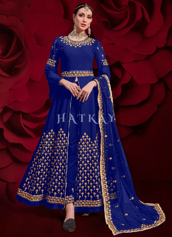 Blue Golden Embroidered Slit Style Anarkali Pant Suit Classic Stretch Pants