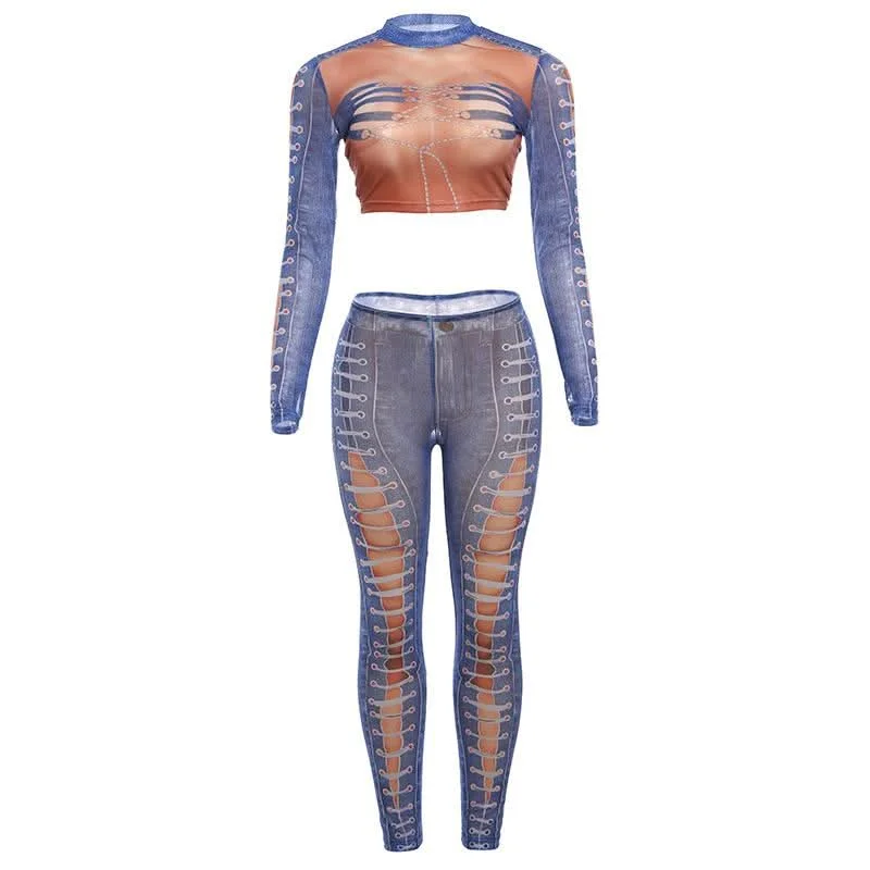 Long sleeve mesh denim print crop pant set Casual Wide Pants