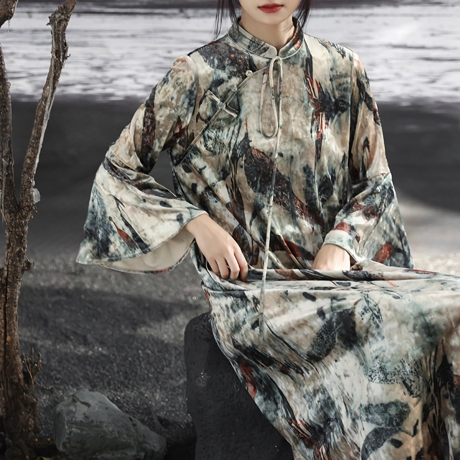 Elegant Dark Velvet Retro Long Dress with Disc Buttons Tunics Essential wardrobe