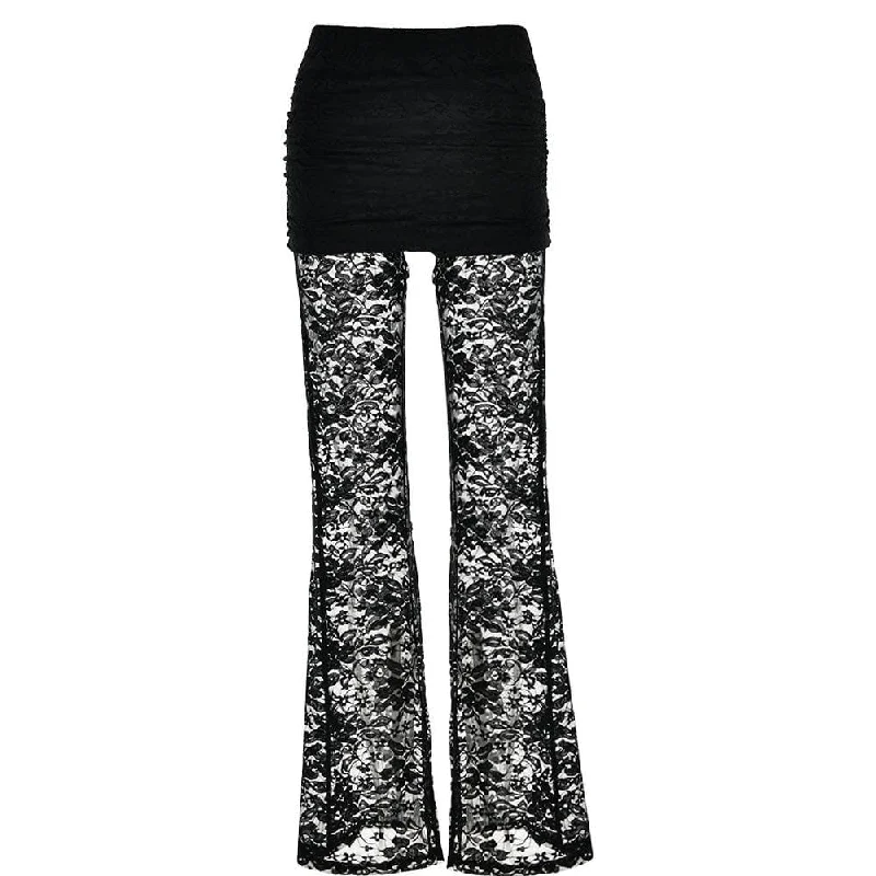 Lace patchwork ruched solid flared pant Soft Stretch Pants