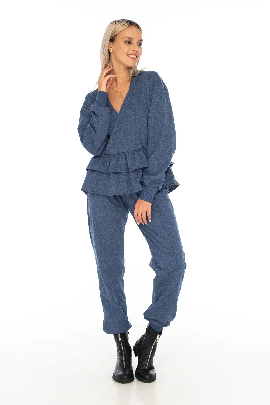 Loungewear Frill Hoodie Indigo - Skemo Hoodie with Zipper Versatile Modern