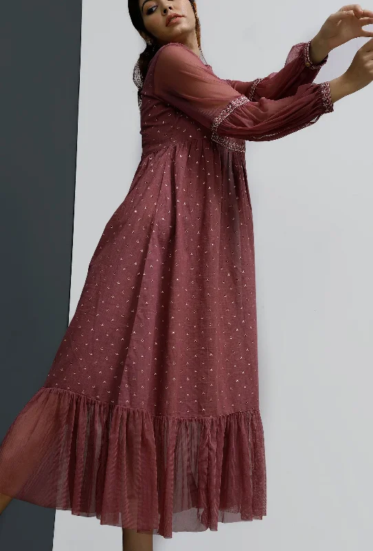 Plum Hand Block Printed Front Gathered Long Dress Tunic Top Casual