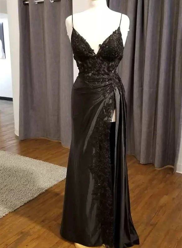 Black V-Neckline Straps Tulle With Lace Party Dress, A-Line Black Evening Dress Prom Dress Lace Sexy Club Black V-Neckline Straps Tulle With Lace Party Dress, A-Line Black Evening Dress Prom Dress Lace Sexy Club