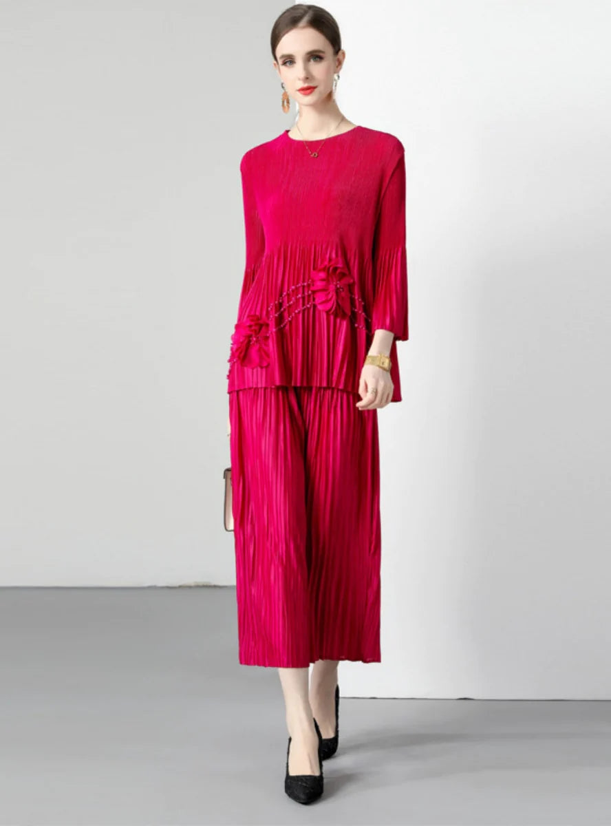 BEADED PLEATED LARGE-SIZE WIDE-LEG PANTS TWO-PIECE SUIT Fashionable Track Pants