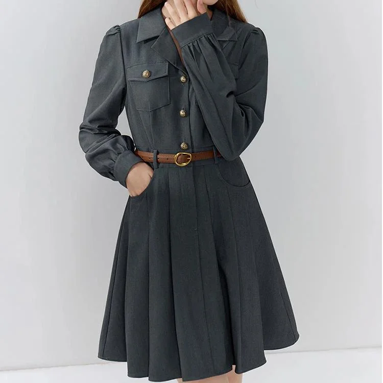 Elegant Grey Office Lady Belted Suit Dress Off-the-shoulder Chic Trendy