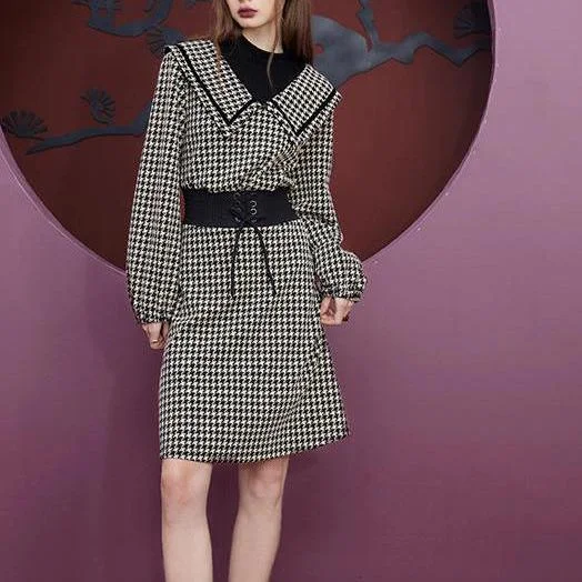 Retro Plaid Long Sleeve Knee-Length Dress Tunics Plaid country