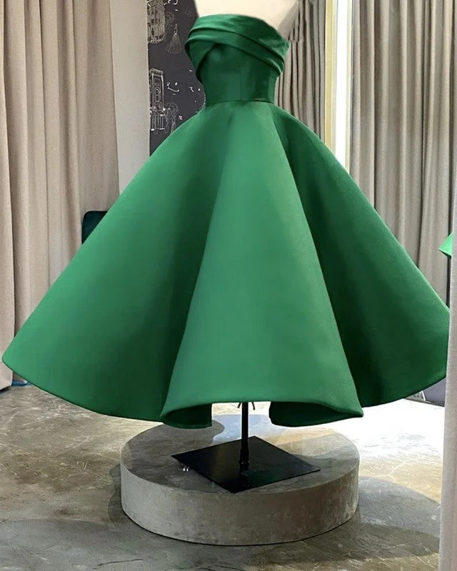 Women's Strapless Satin Midi Prom Party Dresses Square Neckline Feminine