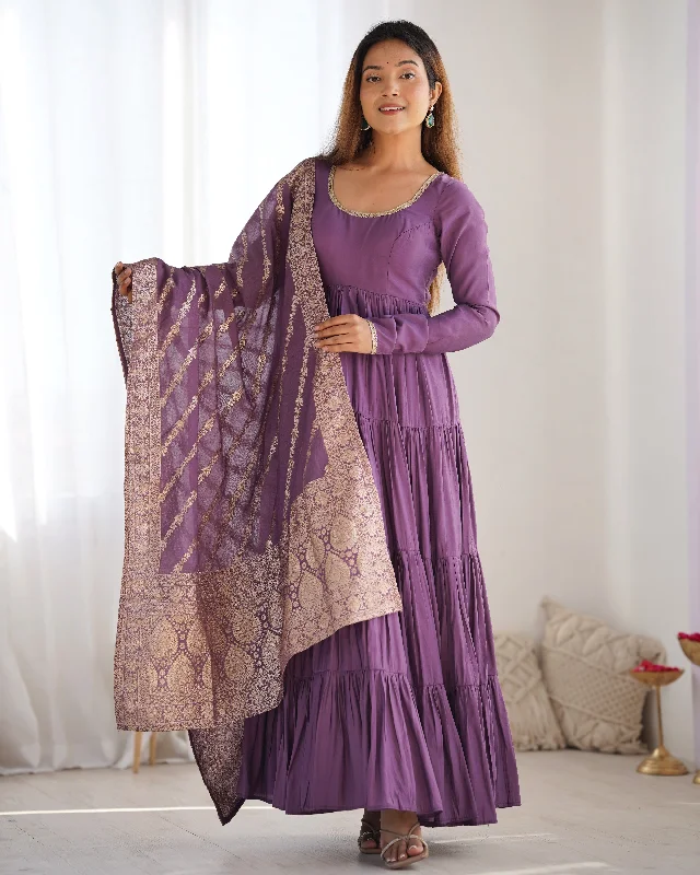 Lorenvalley Women Pure Roman silk Chanderi Fabric Layer Gathering Anarkali Kurta Pant With Dupatta Set - Lavender Trendy Wide-Leg Pants Lorenvalley Women Pure Roman silk Chanderi Fabric Layer Gathering Anarkali Kurta Pant With Dupatta Set - Lavender Trendy Wide-Leg Pants