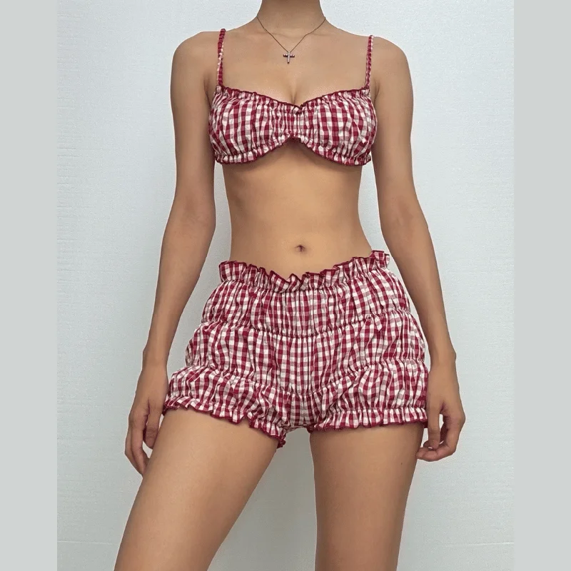 Plaid print smocked cami pant set Soft Stretch Pants