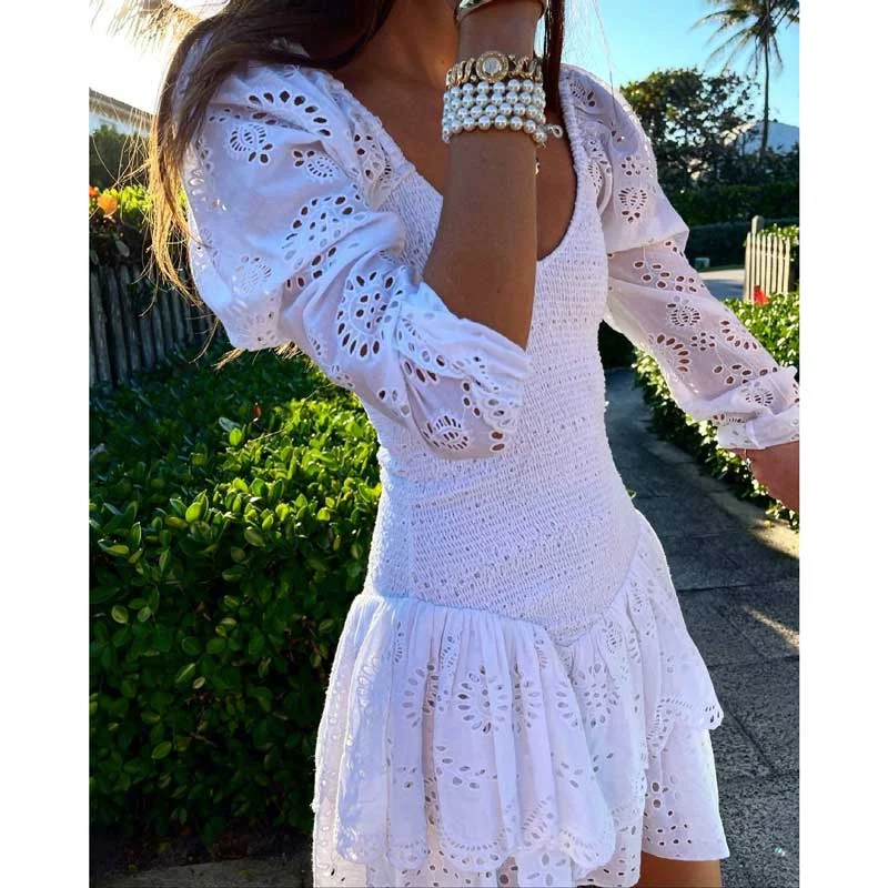 Boho Inspired long sleeve autumn white dress women cotton smocked bodice sexy party dress eyelet embroidery mini dress for women Tunics Velvet soft Boho Inspired long sleeve autumn white dress women cotton smocked bodice sexy party dress eyelet embroidery mini dress for women Tunics Velvet soft