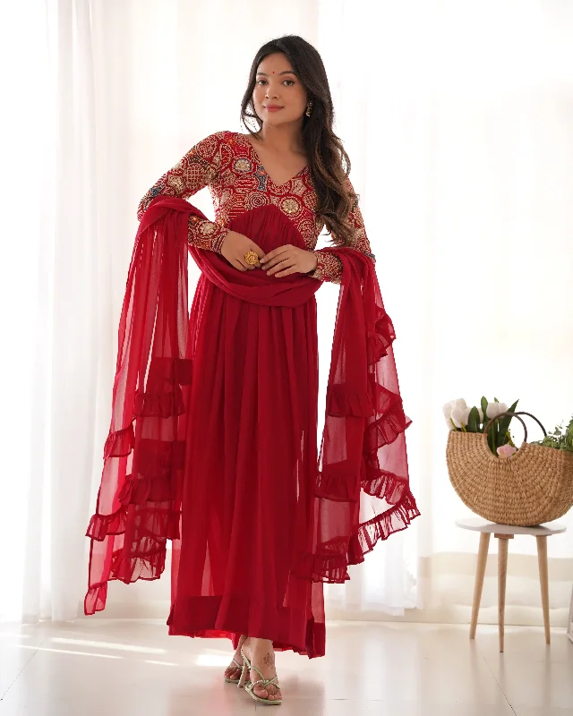 Lorenvalley Fashion Red Heavy Soft Georgette With Embroidered Work Fully Flared Anarkali Pant With Dupatta Set - Red Modern Skinny Pants