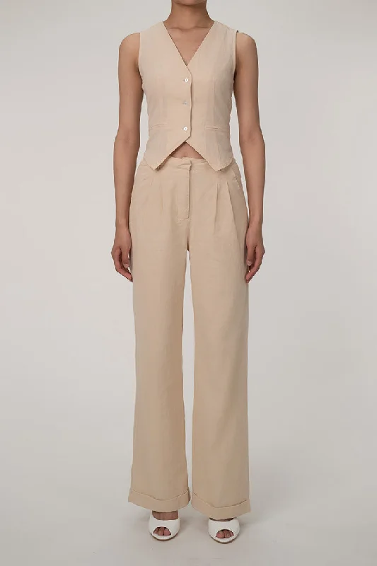 Casual V Neck Button Up Vest Wide Leg Two Piece Cotton Pleated Pants Set Warm Wool Trousers