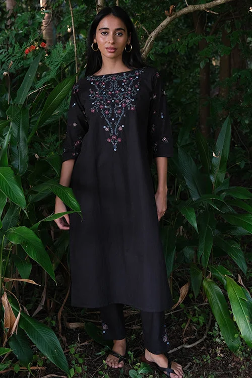 Okhai 'Sombre' Pure Cotton Hand Embroidered Mirror Work Kurta Pant Set Sleek Black Pants Okhai 'Sombre' Pure Cotton Hand Embroidered Mirror Work Kurta Pant Set Sleek Black Pants