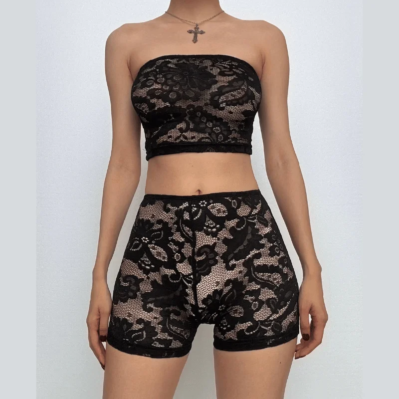 Lace see through solid tube pant set Casual Wide Pants